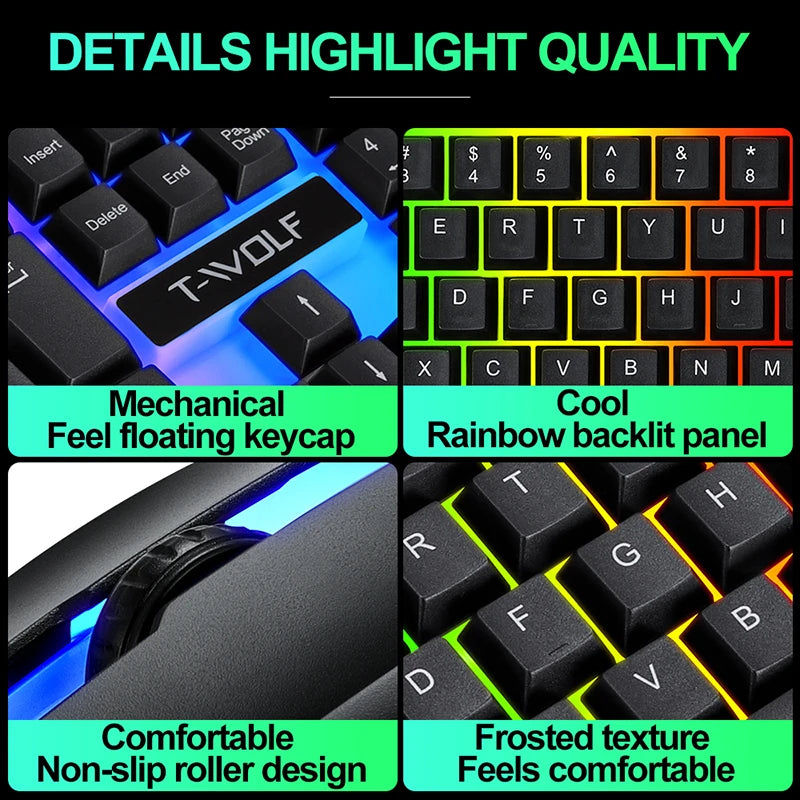 Clavier et souris de jeu pour PC Clavier de jeu rétroéclairé RVB Touches en caoutchouc Clavier filaire espagnol Souris Souris de jeu pour joueur