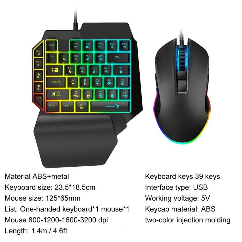 Clavier ergonomique filaire clavier de jeu à une main combo souris pour PUBG PC Gamer Combo Set conception ergonomique pour PC