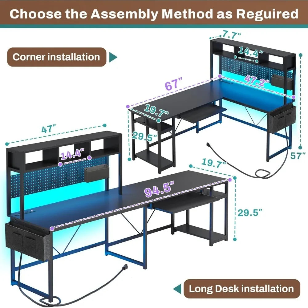 Bureau gamer en forme de L, réversible avec prise de courant etagere et LED