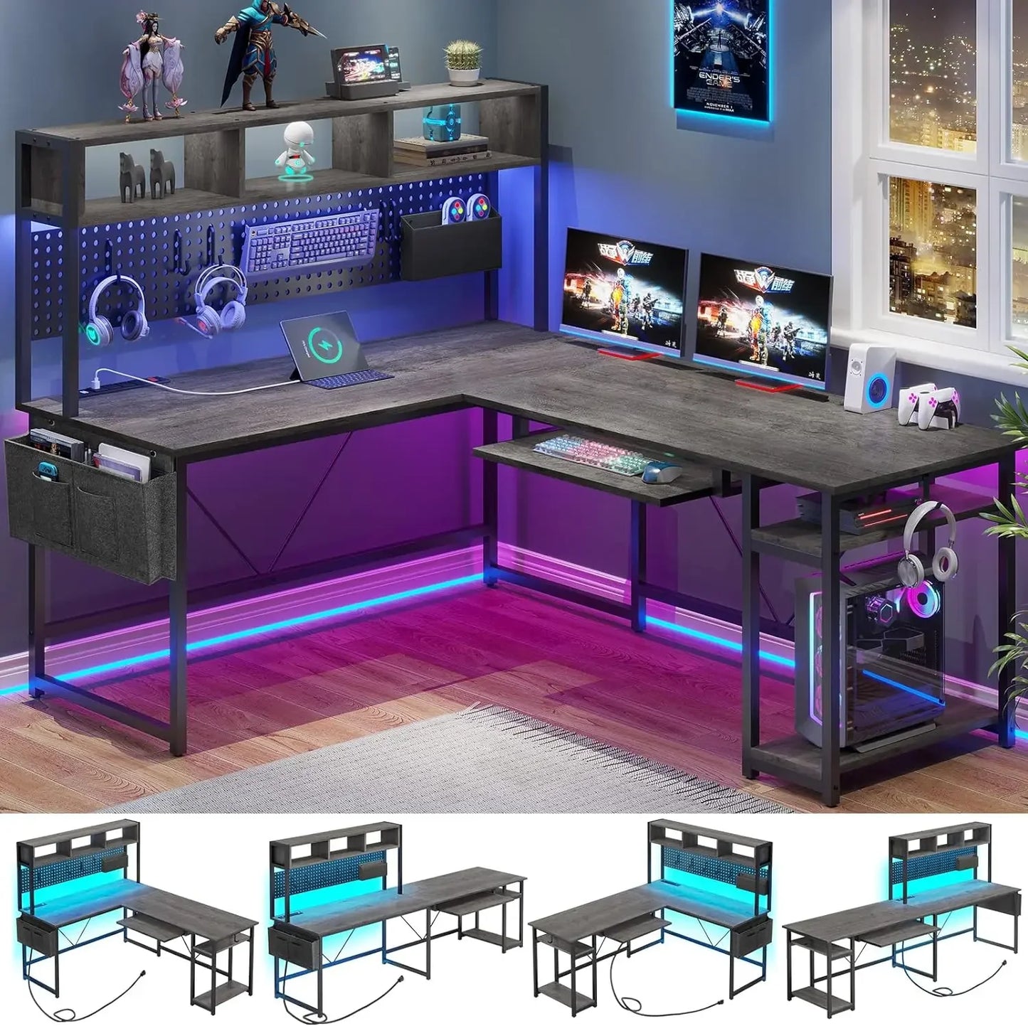 Bureau gamer en forme de L, réversible avec prise de courant etagere et LED