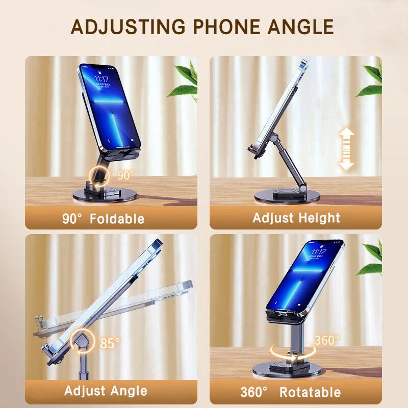 Universal Phone Stand On Desk 360° Rotating Multi-Angle Non-Slip Metal Base Foldable For Office,iPhone13 14 15Pro Xiaomi Samsun