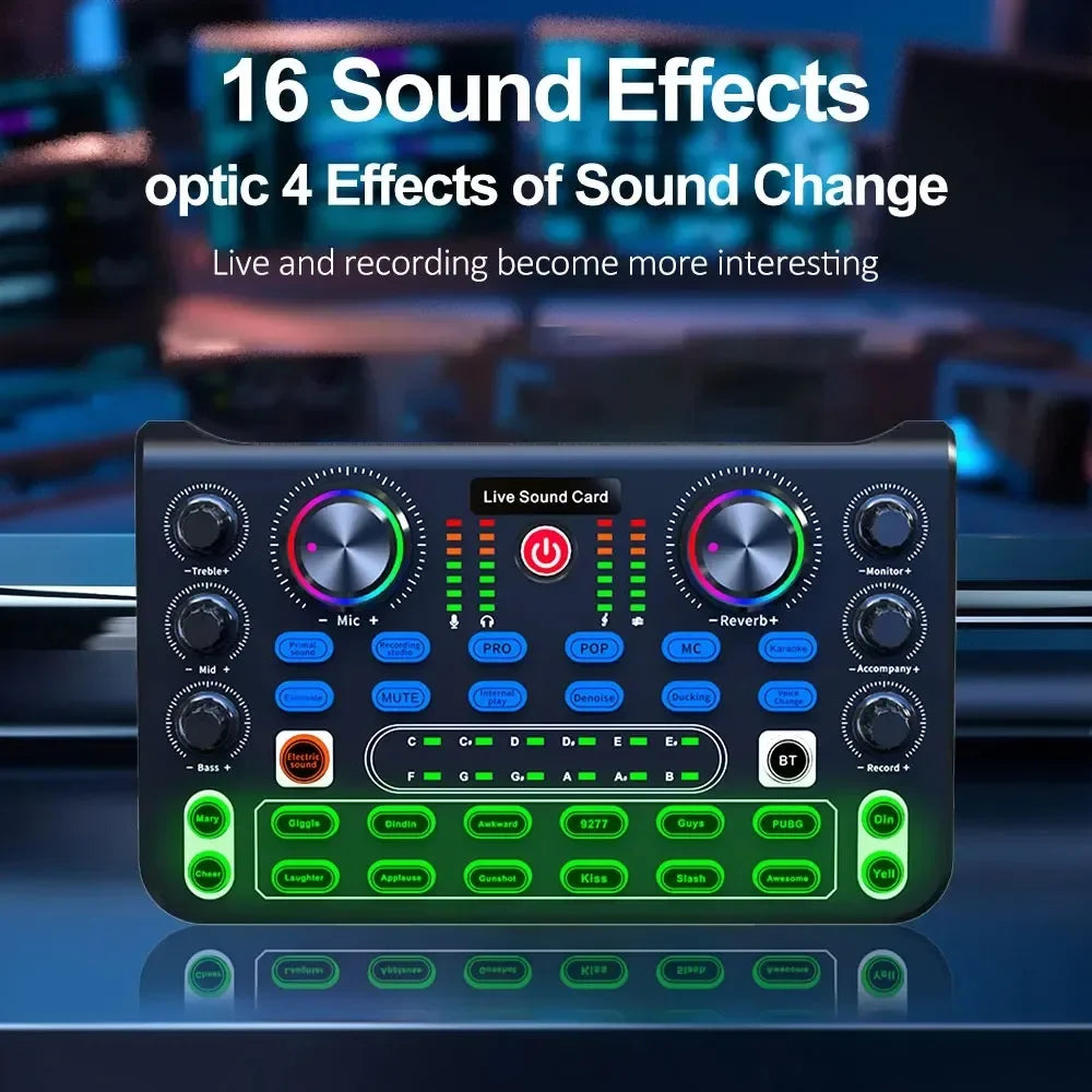 Live Sound Card Sound Mixer Board for Live Streaming Voice Changer Soundcard with Sound Effects Audio Mixer for Music Recording