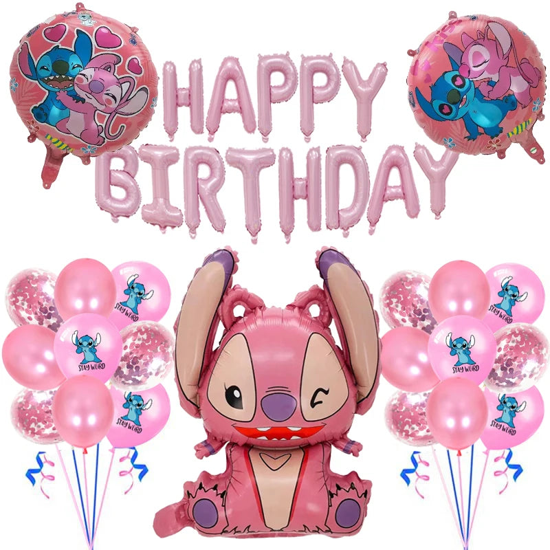 34pcs Blue Pink Stitch Foil Balloon Set HAPPY BIRTHDAY Banner Balloon Baby Shower Kids Cartoon Stitch Theme Birthday Party Decor