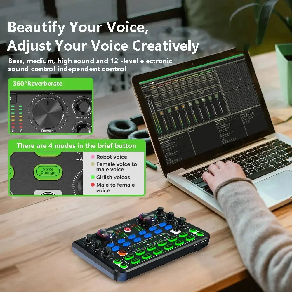 Live Sound Card Sound Mixer Board for Live Streaming Voice Changer Soundcard with Sound Effects Audio Mixer for Music Recording