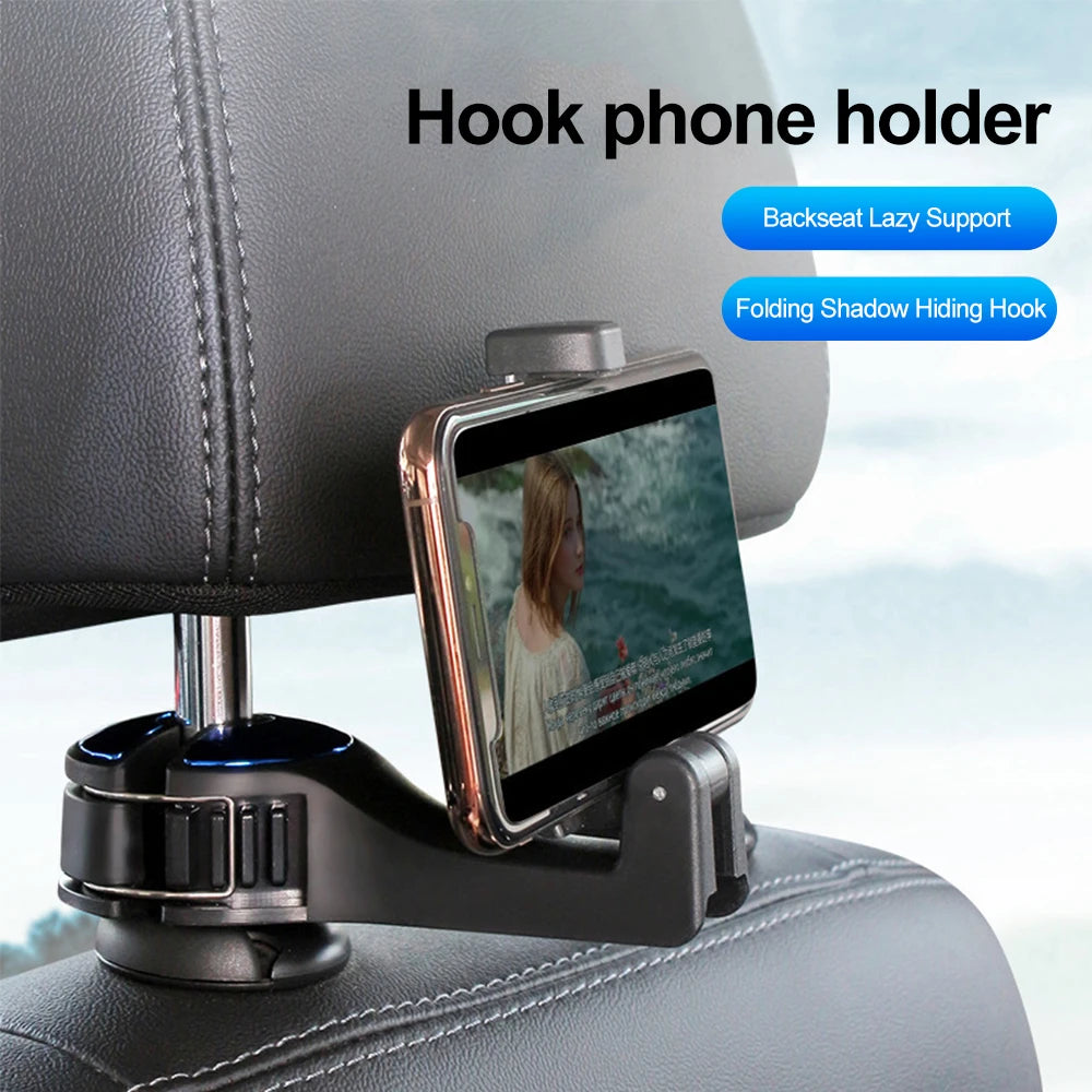 Multi-functional Hanging Storage 2 In 1 Car Hidden Rear Headrest Hook Car Phone Holder Mobile Phone Stand Interior Accessories