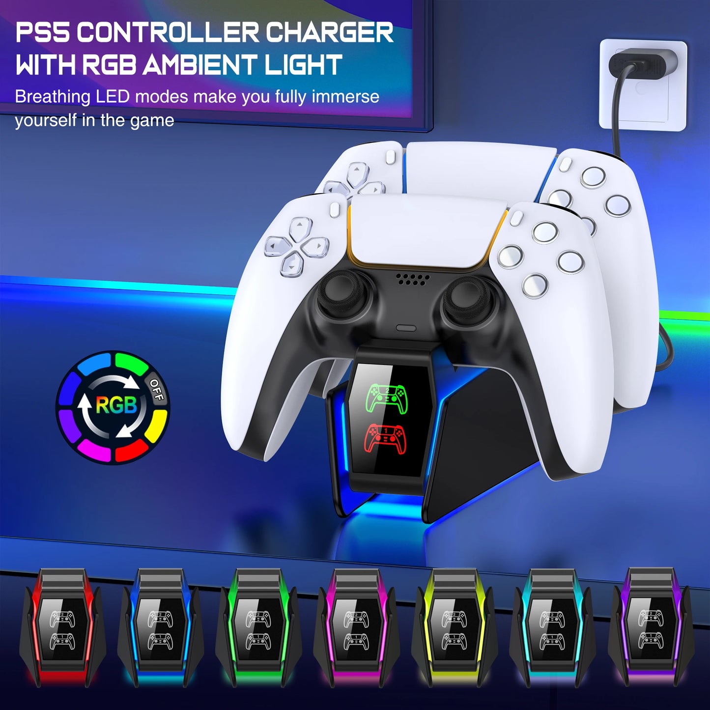 PS5 Controller Charger with RGB Light Dual Stand Charger Dock PS5 Controller Charging Station Accessories for PlayStation 5