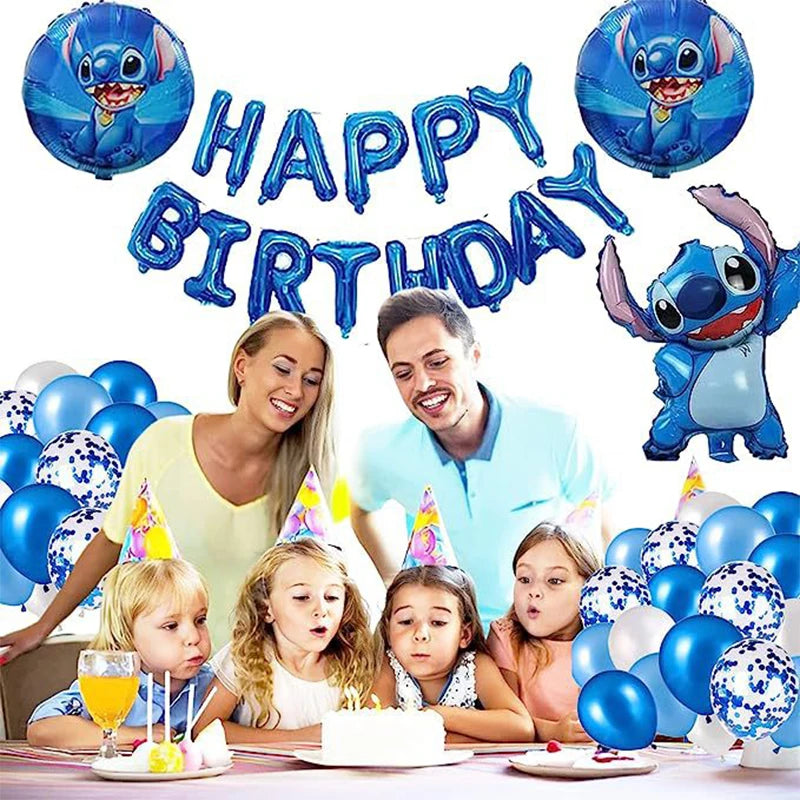 34pcs Blue Pink Stitch Foil Balloon Set HAPPY BIRTHDAY Banner Balloon Baby Shower Kids Cartoon Stitch Theme Birthday Party Decor