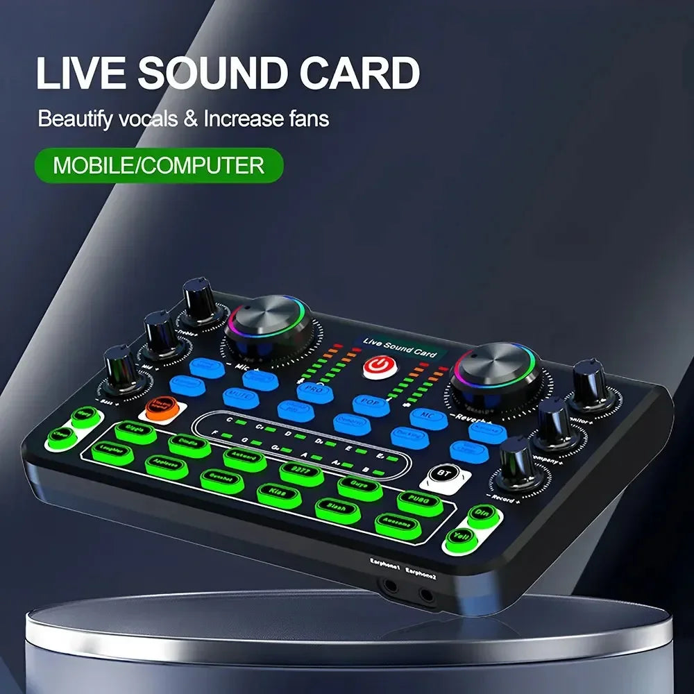 Live Sound Card Sound Mixer Board for Live Streaming Voice Changer Soundcard with Sound Effects Audio Mixer for Music Recording