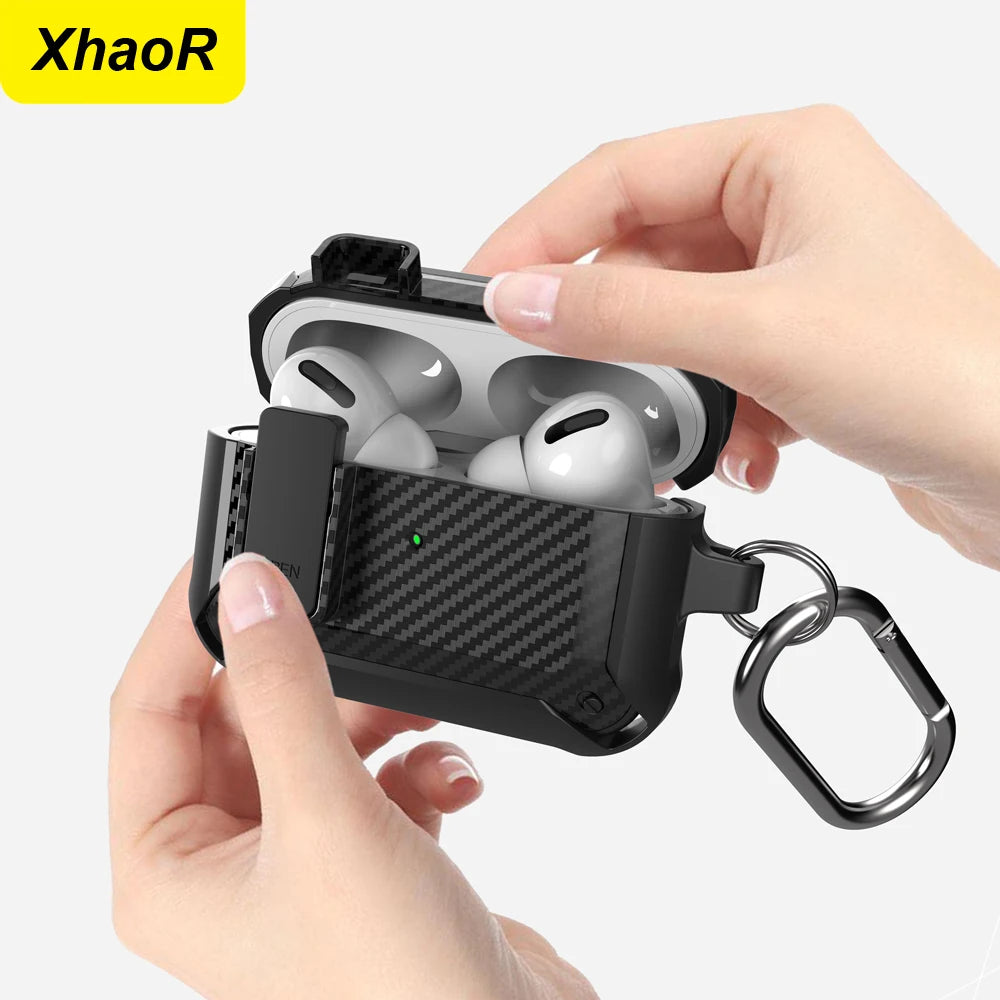 Security Lock Cover For Airpods Pro 2 Case Luxury Carbon Fibre Switch Earphone Case With Keychain For Airpods 3 1 Shockproof Box