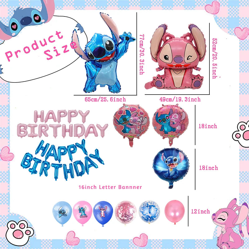 34pcs Blue Pink Stitch Foil Balloon Set HAPPY BIRTHDAY Banner Balloon Baby Shower Kids Cartoon Stitch Theme Birthday Party Decor
