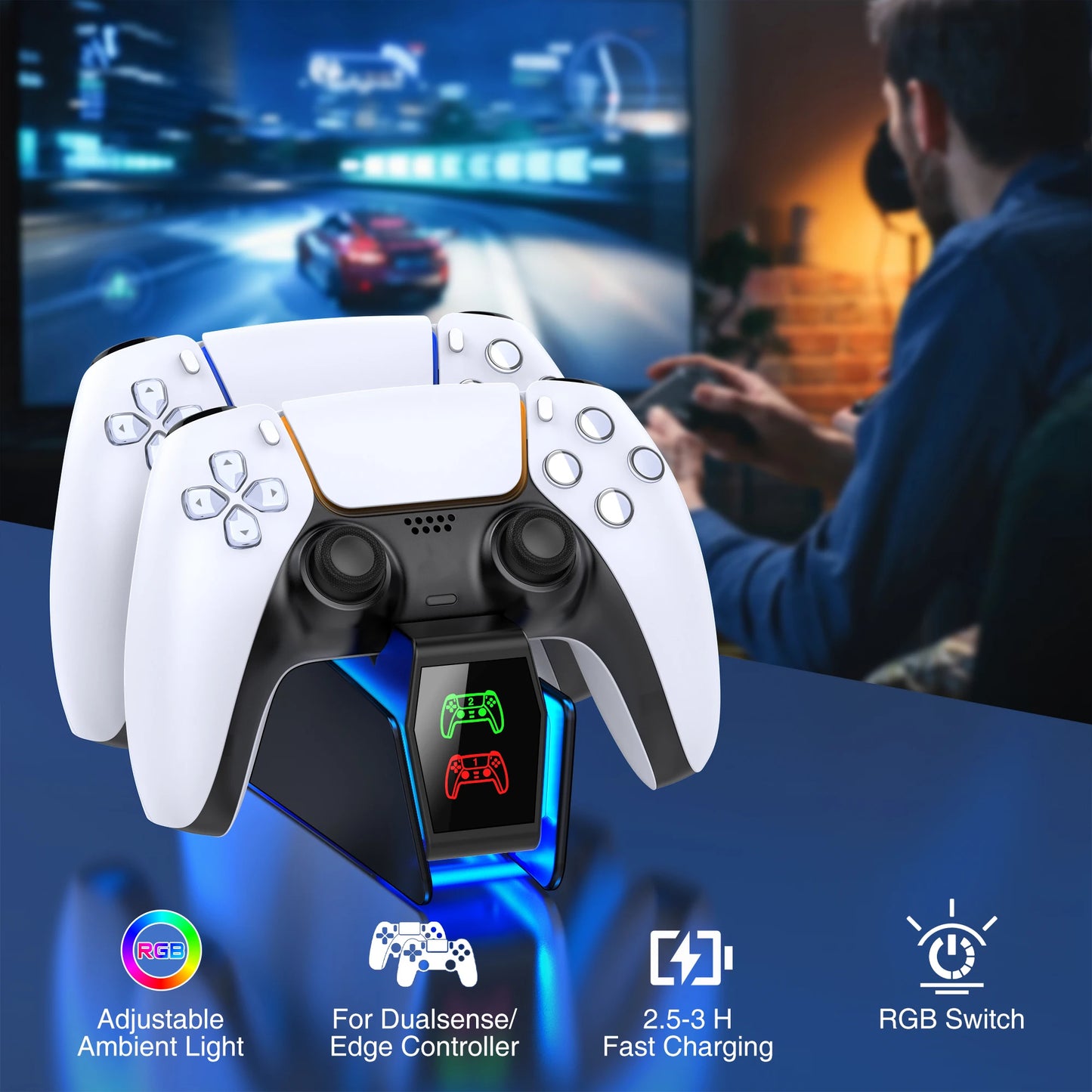 PS5 Controller Charger with RGB Light Dual Stand Charger Dock PS5 Controller Charging Station Accessories for PlayStation 5