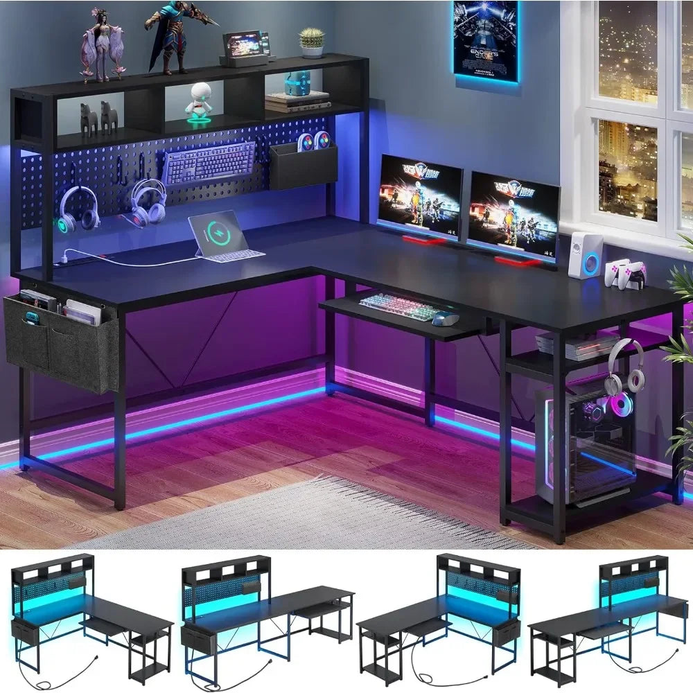 Bureau gamer en forme de L, réversible avec prise de courant etagere et LED