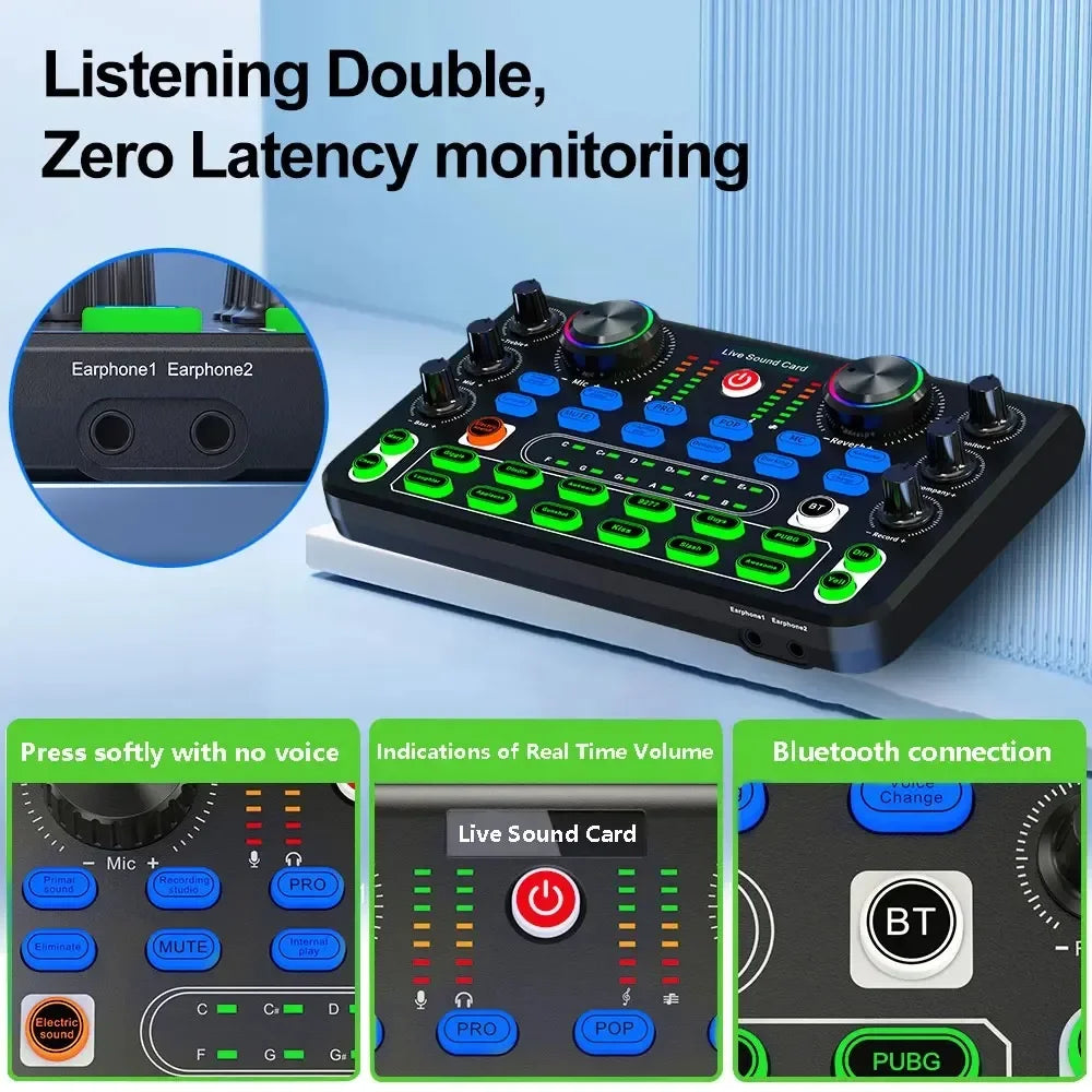 Live Sound Card Sound Mixer Board for Live Streaming Voice Changer Soundcard with Sound Effects Audio Mixer for Music Recording