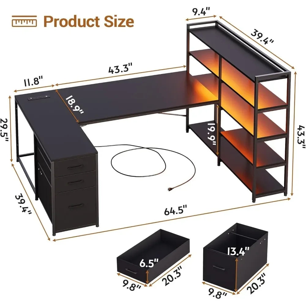 Bureau de jeu en forme de L, bureau d’ordinateur réversible en forme de U avec prise de courant et étagères de rangement, bureau de jeu d’angle