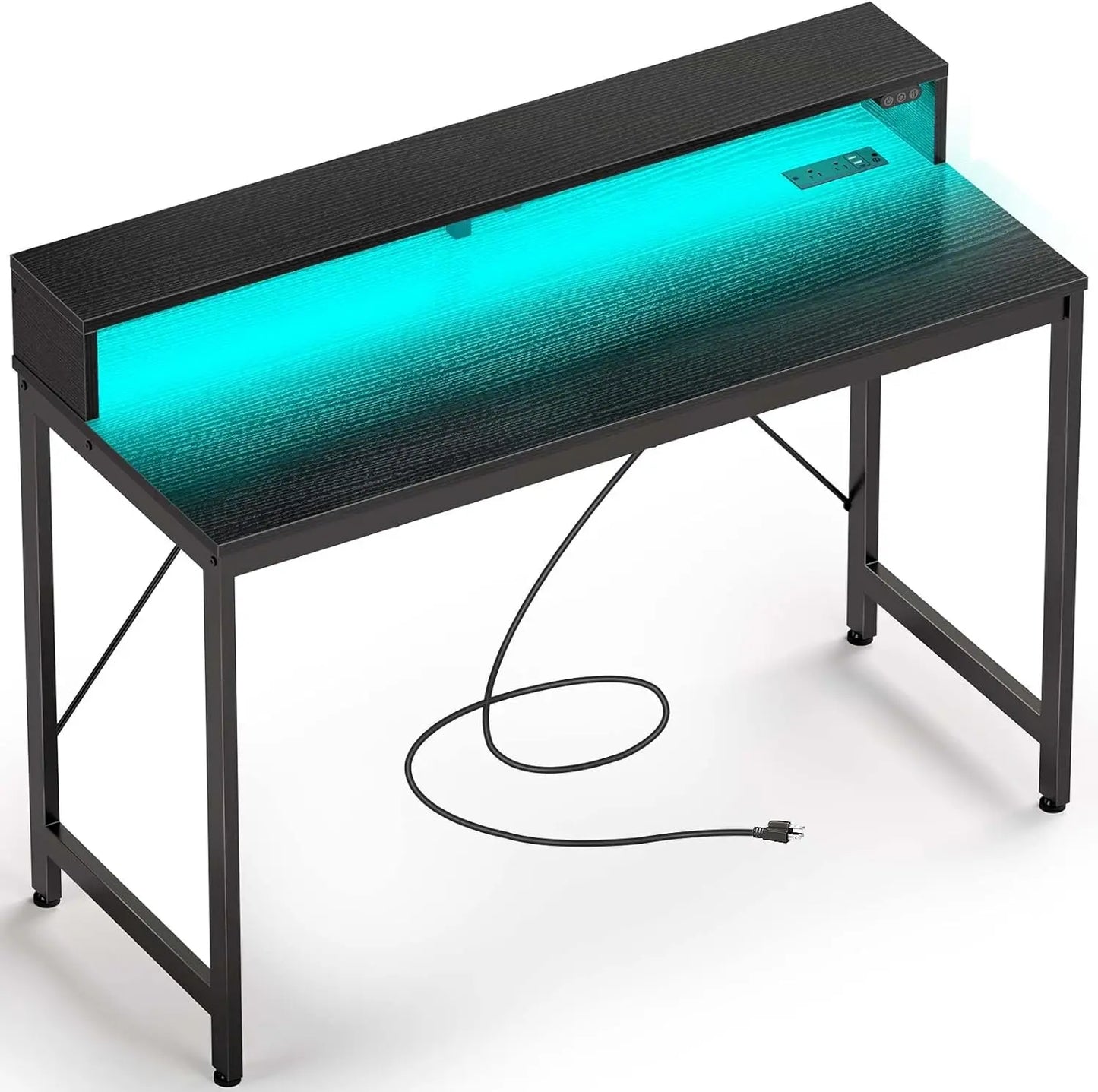 bureau gaming 39 pouces avec LED et prises de courant, bureau avec étagère