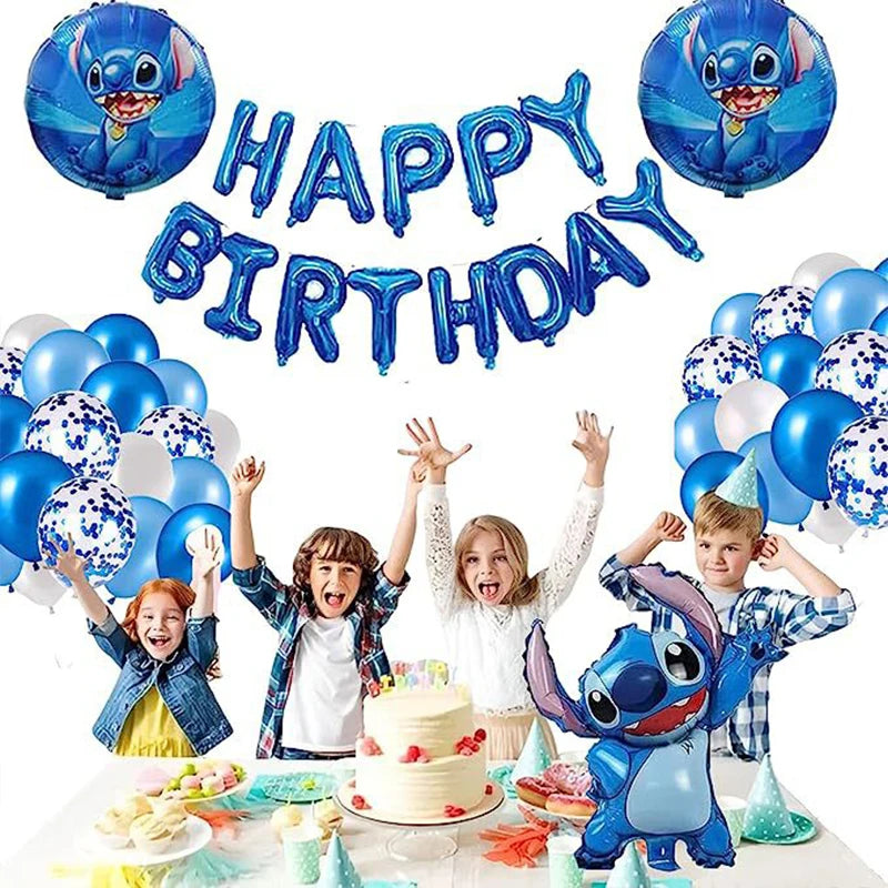 34pcs Blue Pink Stitch Foil Balloon Set HAPPY BIRTHDAY Banner Balloon Baby Shower Kids Cartoon Stitch Theme Birthday Party Decor
