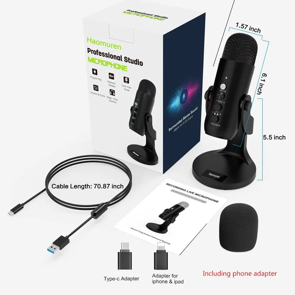 Microphone USB pour PC Mac Gaming Enregistrement Streaming Podcasting, Micro à condensateur pour ordinateur avec adaptateur téléphonique Sortie casque